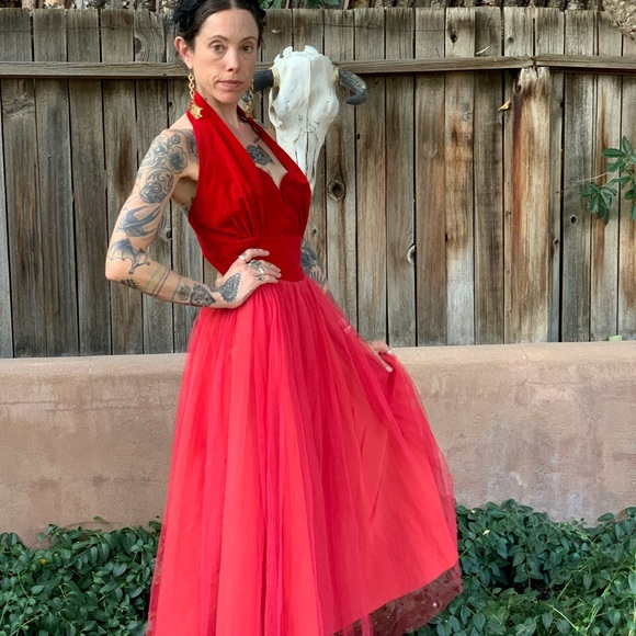 Vintage 1950s Bombshell Red Velvet Party Dress S/M - Picture 15 of 16